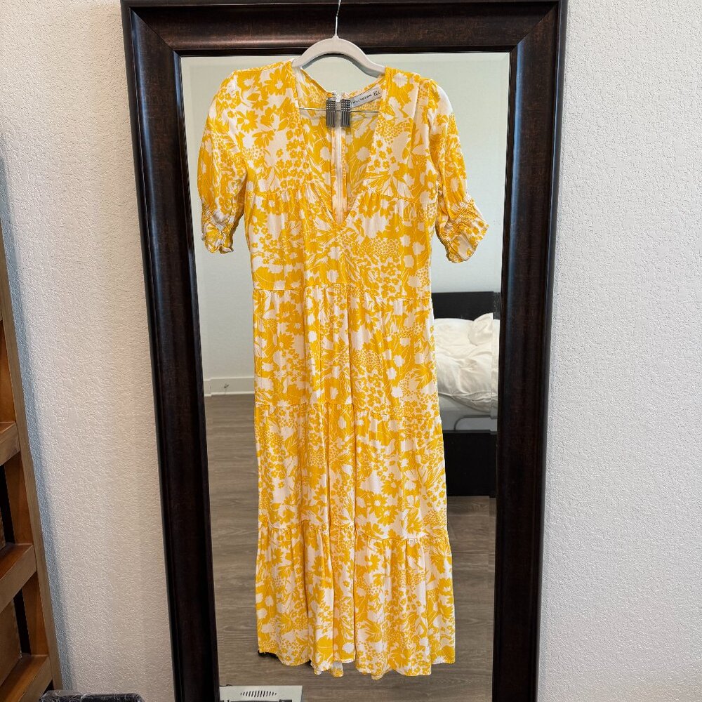 Faithfull The Brand Womens Short Sleeve V Neck Floral Midi Dress Yellow Size 4
